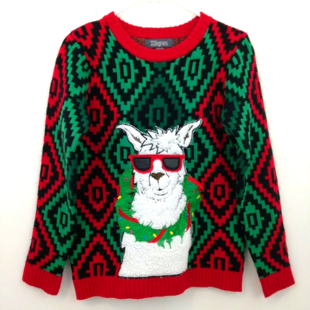 Cool Christmas Wreath Llama Cute Ugly Sweater EUC